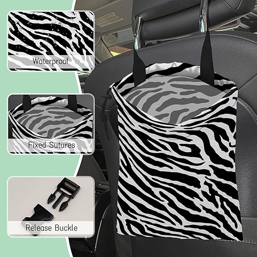 Zebra Stripes Car Garbage Bag,Waterproof Small Car Trash Bag Hanging Back of Seat,Drawstring Hanging Car Trash Bag with Adjustable Buckle for Car Accessories