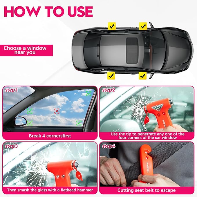 Car Safety Hammer Seatbelt Cutter, Window Glass Breaker with Seat Belt Cutterwith, Auto Traffic Accident Emergency Escape Tool, 2 Pack, Orange