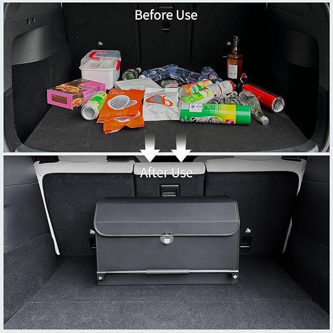 Car Trunk Organizer, Push-pull Handle, Leather Collapsible 2 Compartments Car Organizers with Lid, Car Trunk Storage Organizer, Suitable for All Kinds of Cars, SUV, Minivan (Large, Black)