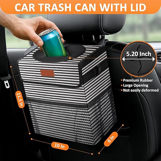 3 Gallons Car Trash Can with Lid, Car Trash Bag Bin Hanging Waterproof Automotive Garbage Cans Leak Proof Vehicle Trash Can Stripe