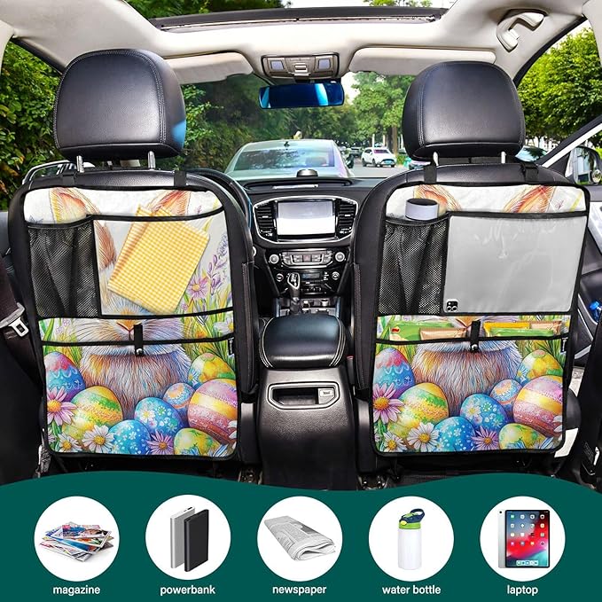 Colorful Bunny Eggs 2 Pack Backseat Car Organizer with Storage Pockets Seat Back Organizers for Kids Kick Mats Backseat Protector Automotive