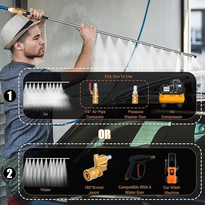 24" Compact Radiator Cleaning Wand - Dual Water/Air Flusher for Cars/Trucks/RVs, Max 4500 PSI Stainless Steel Nozzle w/Quick-Connect, Effortlessly Cleans Household Vehicle Radiators