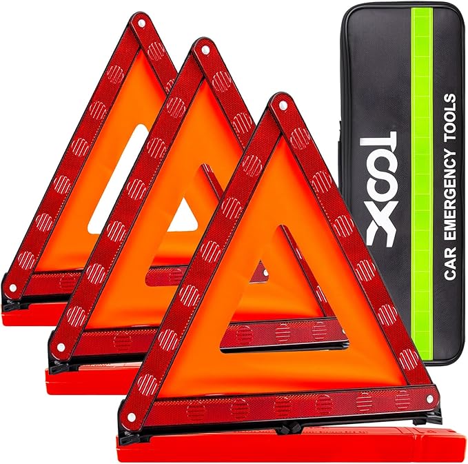 XOOL Triple Warning Triangle Emergency Warning Triangle Reflector Safety Triangle Kit Suitable for Roadside Emergencies, 3-Pack