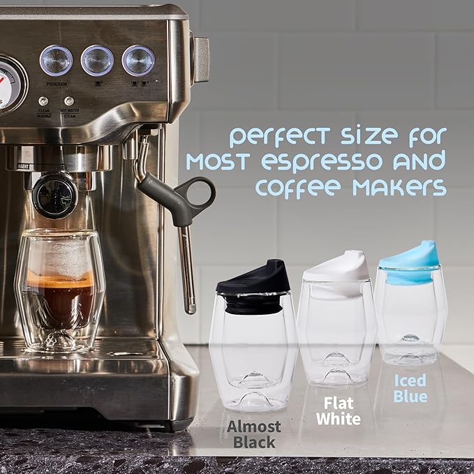 To-Go Espresso Glass Travel Mug with Lid, Reusable Double Wall Glass Tumbler, Fits Most Coffee Makers & Cupholders for Your Car, Gifts for Coffee Lovers, 4.5 oz Cortado Cup, Almost Black