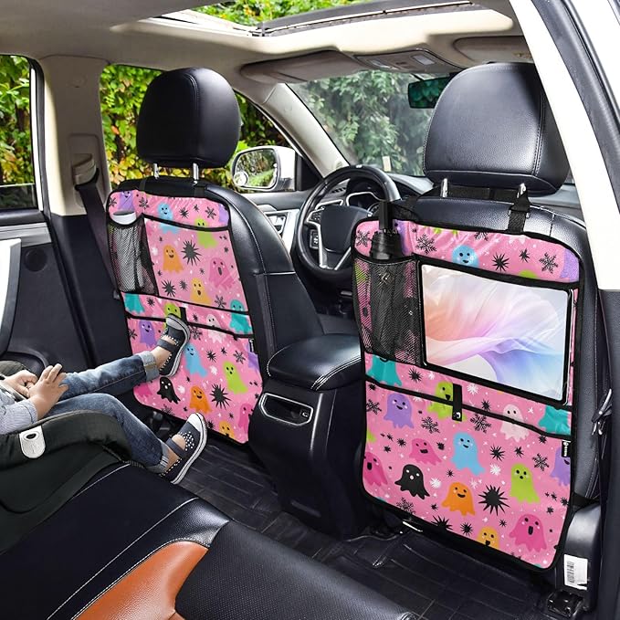 1 Pack Back Seat Car Organizer with Storage Pockets Kick Mats Back Seat Protector Hanging Car Organizer Automotive Seat Back Cover Organizers Hot Pink Halloween Ghost Snowflakes