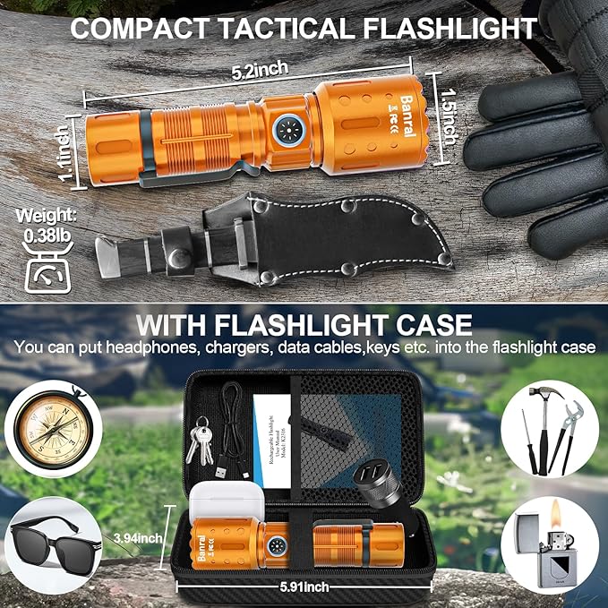 Banral Flashlights High Lumens Rechargeable, Super Bright Long Range Small Powerful Flashlight, 6 Modes LED Tactical Pocket Waterproof Flash Light for Home Emergency (1, Orange)