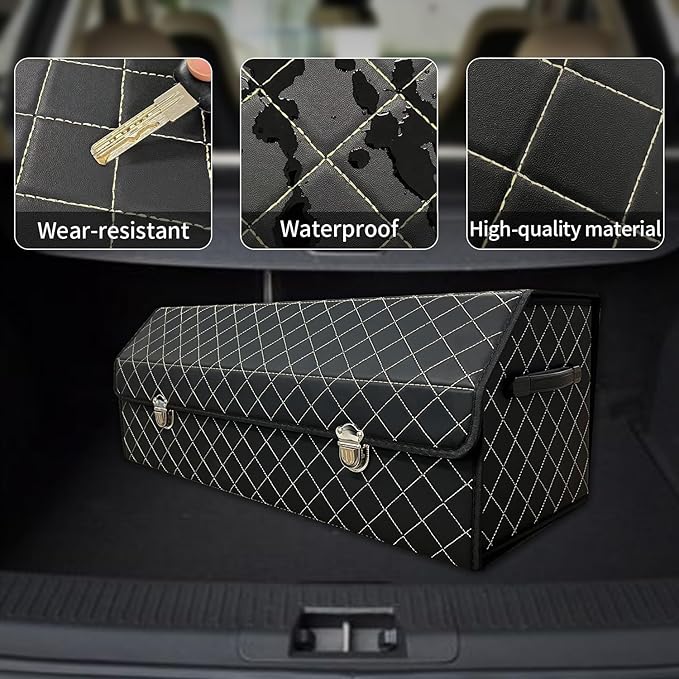 Trunk Organizer for Car With Lid,Foldable Trunk Organizer for SUVs & Sedans,Multi-Functional Leather Storage Box - Black Grid - Large