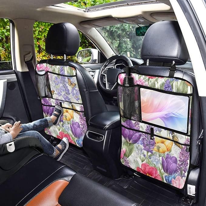 1 Pack Back Seat Car Organizer with Storage Pockets Kick Mats Back Seat Protector Hanging Car Organizer Automotive Seat Back Cover Organizers Tulips Lavenders Purple Butterfly