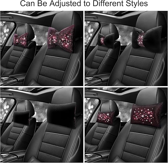 surpassme 2PCS Rhinestone Car Headrest Neck Pillow for Driving with Bling Bling Crystal Bow Pillow Car Accessories for Women (Purple)