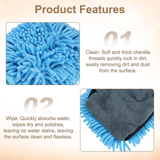 HARFINGTON 2pcs Chenille Microfiber Car Wash Mitts 9.8" x 7.9" Scratch Free Wash Gloves Absorbent Double Sided Plush Cleaning Drying Mitts for Car Washing Home Clean, Light Blue