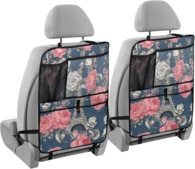 1 Pack Back Seat Car Organizer with Storage Pockets Kick Mats Back Seat Protector Hanging Car Organizer Automotive Seat Back Cover Organizers Blue French Eiffel Tower and Roses