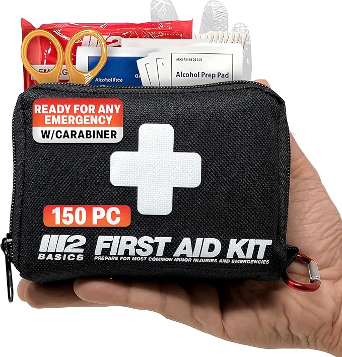 M2 BASICS Premium Compact First Aid Kit, 150 Pieces, Portable for Car, Travel, Vehicle, Hiking & Purse