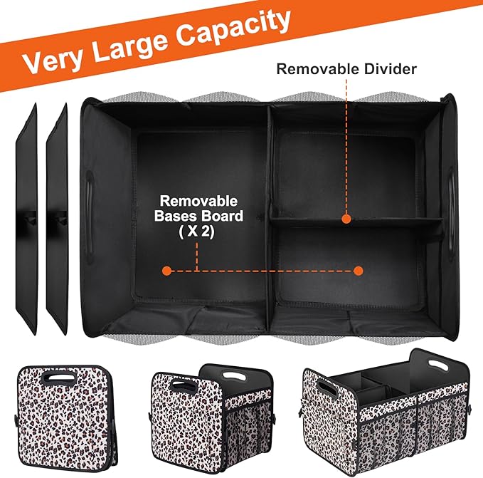 Trunk Organizer, Collapsible Trunk Organizers and Storage, Car Accessories for Women and Men, Multi-Compartment Trunk Storage Organizer for SUV, Car, Mini-Van, Leopard Print