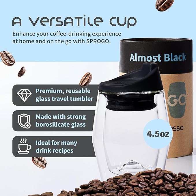 To-Go Espresso Glass Travel Mug with Lid, Reusable Double Wall Glass Tumbler, Fits Most Coffee Makers & Cupholders for Your Car, Gifts for Coffee Lovers, 4.5 oz Cortado Cup, Almost Black