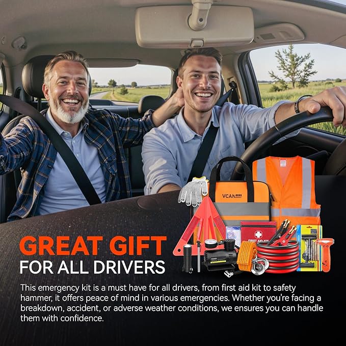 Car Emergency Safety Kit Bag with Portable Air Compressor, Jumper Cables,First Aid Kit, Tire Pressure Gauge, Auto Vehicle Safety Road Side Assistance Kits Essentials,for Women, Men, Teen