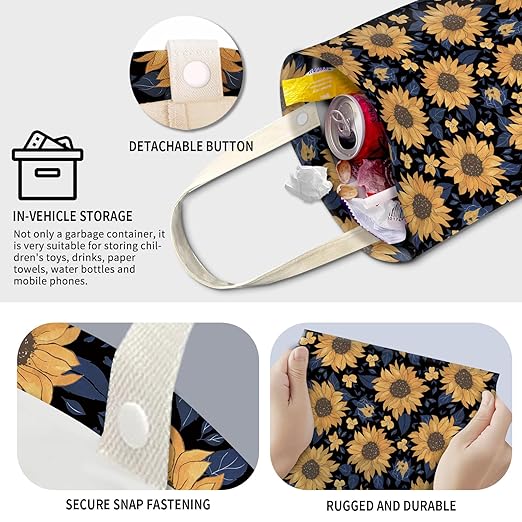 Cute Car Trash Can, Hanging Canvas Car Back Seat Organizer and Storage Bag, Funny Car Trash Bag For Travelling, Outdoor Cute Yellow Sunflowers