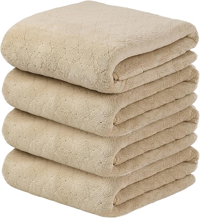JML Bath Towels, Pack of 4, 30"x60", Large Microfiber Towel Set, Ultra Soft, Super Absorbent, Fast Drying, Perfect for Sauna, Shower, Pool, Sport, Travel, Fitness, SPA,Yoga, Coral Fleece - Camel