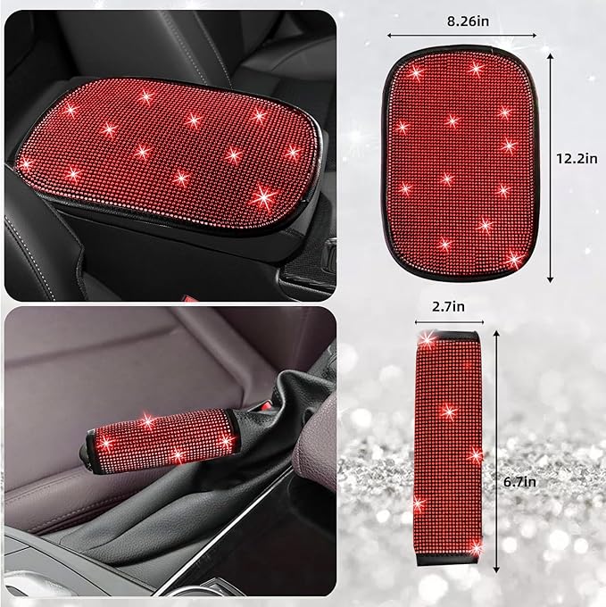 NBTEPEM 30 Pcs Red Bling Car Accessories Set for Women, Red Steering Wheel Cover Set, Bling Console Cover, Seat Belt Cushion, Shift Knob Cushion, Cup Holder Coaster, Rhinestone Car Hanging Accessories