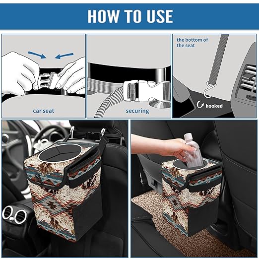 Western Aztec Cow Print Collapsible Reusable Waterproof Car Trash Can with Lid - Automotive Garbage Can, Interior Car Organizer