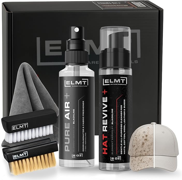 Blackline ELMT Hat Cleaning Kit — Quick-drying, US-Made, Cleans 50+ Hats — Hat Cleaner for Baseball Caps of all Materials Cotton, Wool, Leather, Felt and more (8oz Solution, Deodorizer, Towel & Brush)