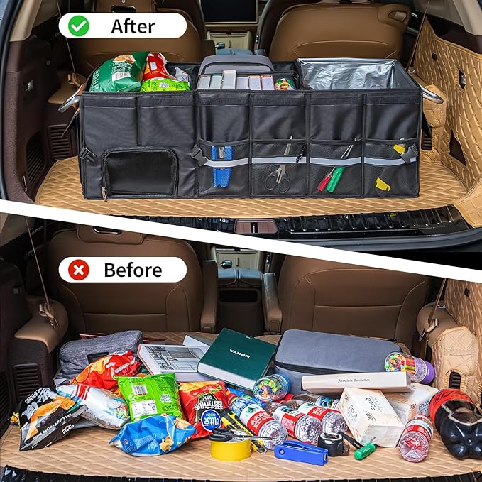 HAMOPY Car Trunk Organizer and Storage with Separate Compartment for 1 Pair of Shoes, Heavy Duty with Lid & Removable Leakproof Cooler Bag, Collapsible Large Trunk Organizers for SUV Sendan (Black)