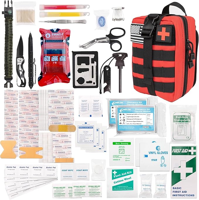 242 pc First Aid Survival Kit with SWAT-T Tourniquet Made in USA | IFAK Emergency Trauma Kit | Survival Gear | by Emblem Outdoor