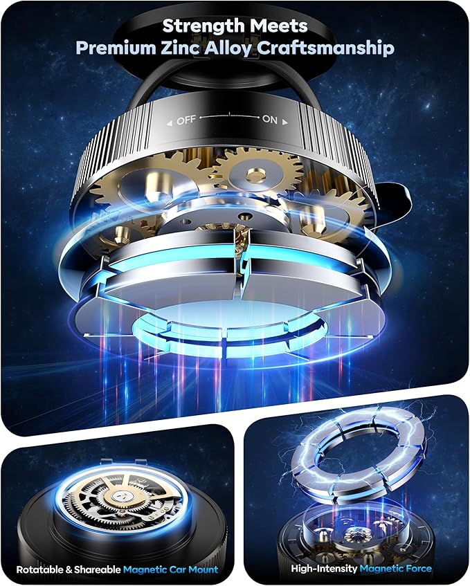 Vacuum Magnetic Phone Holder for Car,2800gf Strong Magnetic Phone Mount,360° Adjustable & Reinforced Suction Cup for Dashboard/Mirror,Car Phone Holder Compatible with iPhone Androi（Matte Black）