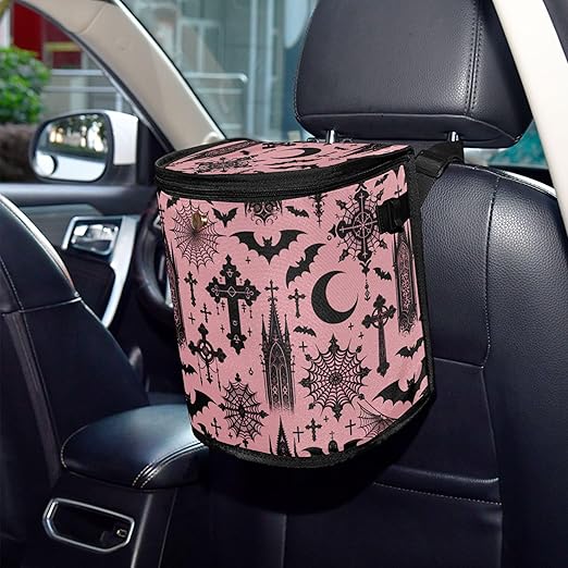 MNSRUU Car Trash Can with Lid, Black Gothic Moon Spider Webs and Bats Car Trash Bag Hanging Organizers and Storage for Front Back Seat, Leak-Proof Trash Bin