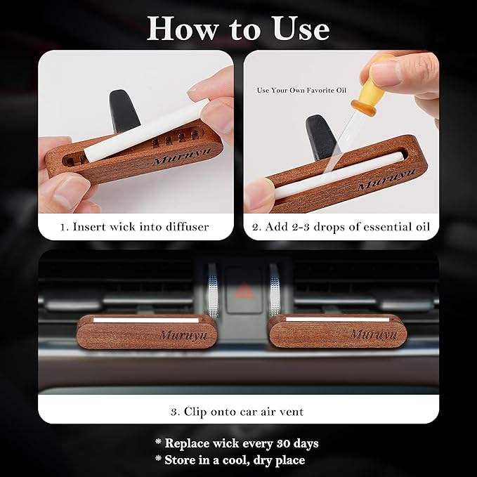 [2-Pack] Natural Sapele Wood Car Diffuser with Vent Clip, Refillable Car Air Freshener for your own Essential Oils (No Oils Included), Premium Auto Interior Accessories