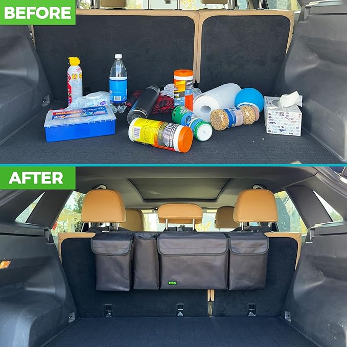 PIDO Hanging Trunk Organizer, Backseat Trunk Organizer for SUV, Hanging Car Storage Bag with Large Pockets for Sedan, Truck, Van, Upgraded Premium Fabric, Space Saving Car Interior Accessory