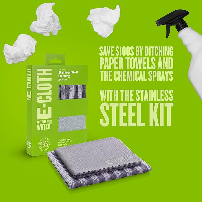E-Cloth Stainless Steel Cleaning Kit, Microfiber Stainless Steel Cleaner for a Spotless Shine Home Appliances Including Oven, Stove and Refrigerators, Washable and Reusable, 100 Wash Promise
