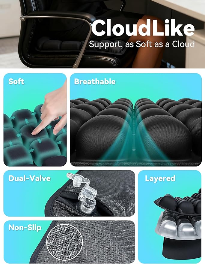 Inflatable 3D Travel Cushion for Airplane, Tailbone Pain Relief Seat Pad with Ergonomic Support, Anti-Slip Bottom, Built-in Pump & Carry Bag for Travel/Office/Car – 36 Air Cells, Green