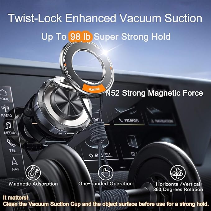 Magnetic Phone Mount, Car Phone Holder for MagSafe, Enhanced Vacuum Suction Cup, 360° Adjustable, Strong N52 Magnets, Zinc Alloy, Cell Phone Accessories for iPhone 17 16 15 14 13 Series, and Android