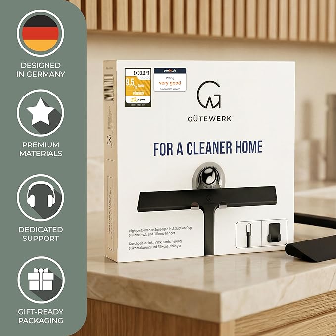 GÜTEWERK Shower Squeegee for Glass Doors, Silicone Window Squeegee, Bathroom and Glass Cleaning - Black - 9 Inch