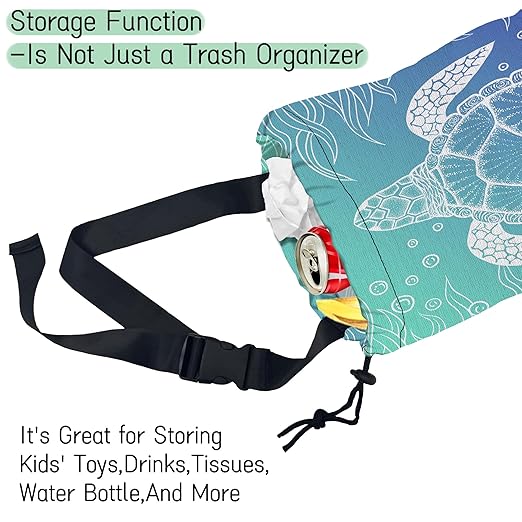 Sea Turtle Car Trash Bag,Hanging Drawstring Car Garbage Bag,Waterproof Canvas Car Back Seat Organizer with Adjustable Buckle,for Vehicles,SUVs,Camping,Road Trips