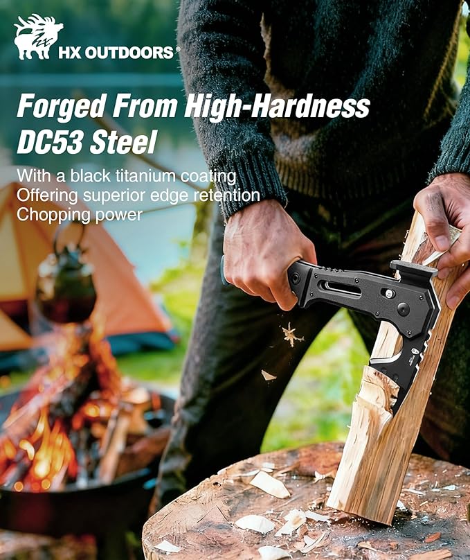 HX OUTDOORS Folding Tactical Axe Survival Multitool, DC53 Steel Blade with Black Titanium, Camping Axe with Hammer & Bottle Opener, G10 Handle for Outdoor Gear,Various Tactical and Survival scenarios