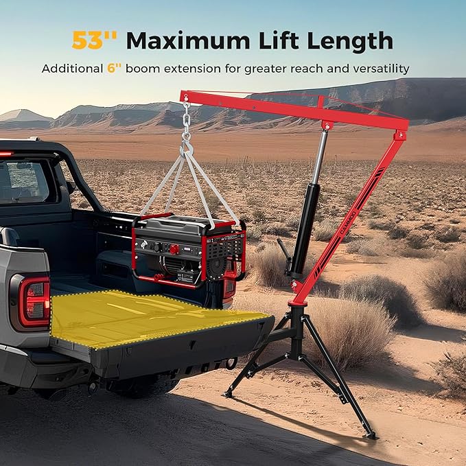1000lbs Receiver Hitch Mounted Hydraulic 360° Swivel Truck Crane with 3 Boom Capacity Options: 500lbs, 750lbs, 1000lbs. Ideal for Workshops, Construction, Agriculture, and Logging, Red