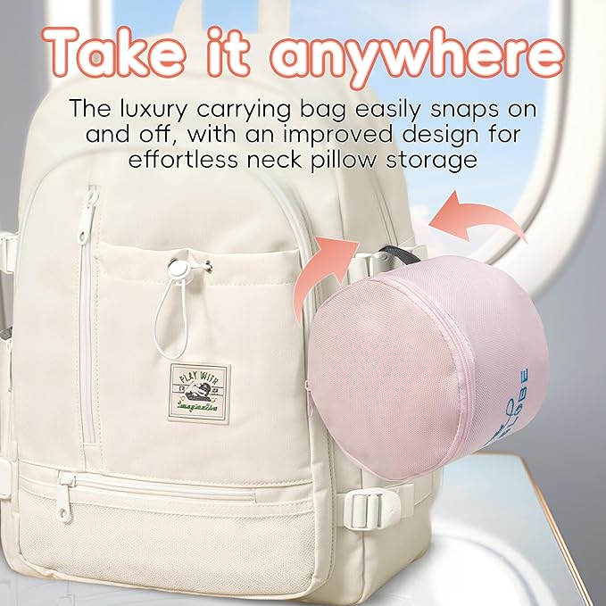 Proglobe Junior Kids Travel Neck Pillow - Ergonomic Memory Foam Pillow for Airplane, Car, Booster Seat - Soft, Washable, Compact Travel Pillow with Strap - Light Pink - Ages 4-13