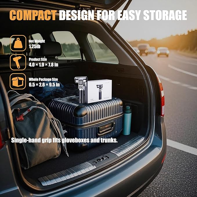 Tire Inflator Portable Air Compressor, 150PSI Pump with Digital Pressure Gauge & Auto Shut-Off for Car/Bike/Motorcycle Tires&Ball, with LED Light, Safety Hammer & Seatbelt Cutter Function