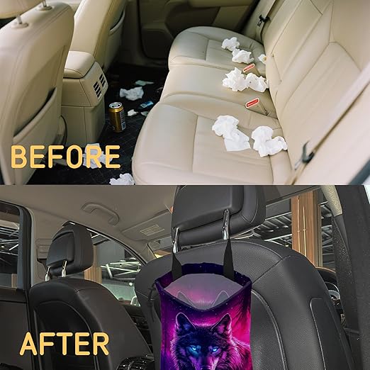 Wolf Car Garbage Bag,Glowing Wolf on Starry Night Small Car Trash Bag Hanging,Drawstring Car Garbage Bag with Adjustable Buckle for Car Back Seat,SUVs,Camping,Road Trips