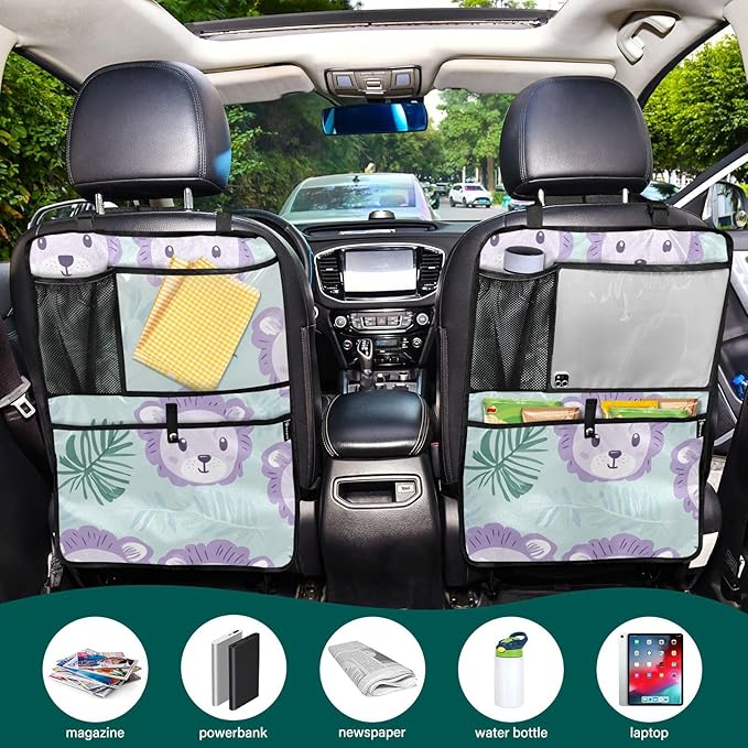 Cute Green Lion and Palm Leaves 2 Pack Backseat Car Organizer with Storage Pockets Seat Back Organizers for Kids Kick Mats Backseat Protector Automotive