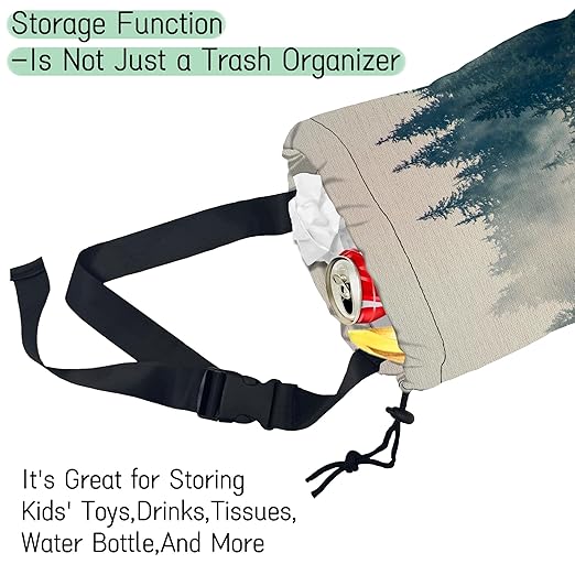Misty Forest Car Trash Bag,Foggy Mountain Hanging Drawstring Car Garbage Bag,Waterproof Canvas Car Back Seat Organizer with Adjustable Buckle,for Vehicles,SUVs,Camping,Road Trips