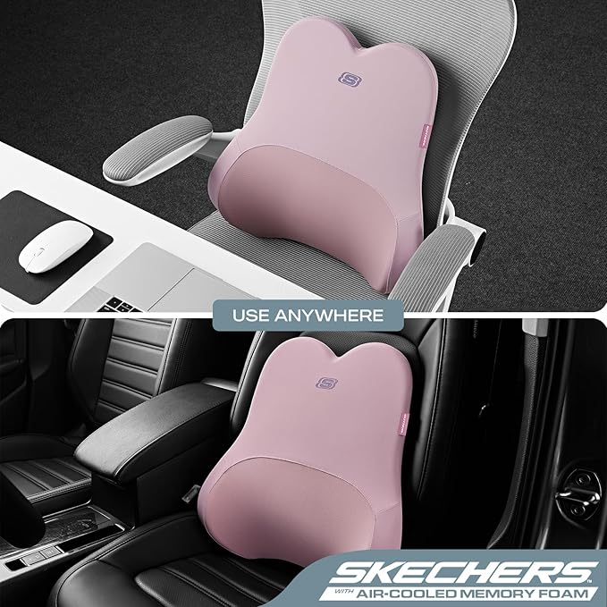 Skechers Air-Cooled & Memory Foam Lumbar Pillow,Lumbar Support Pillow for Office,Chair Lower Back Pain Relief Lumbar Pillow,Ergonomic Design Back Support Pillow for Office Chair,Car,Home,Travel,Pink