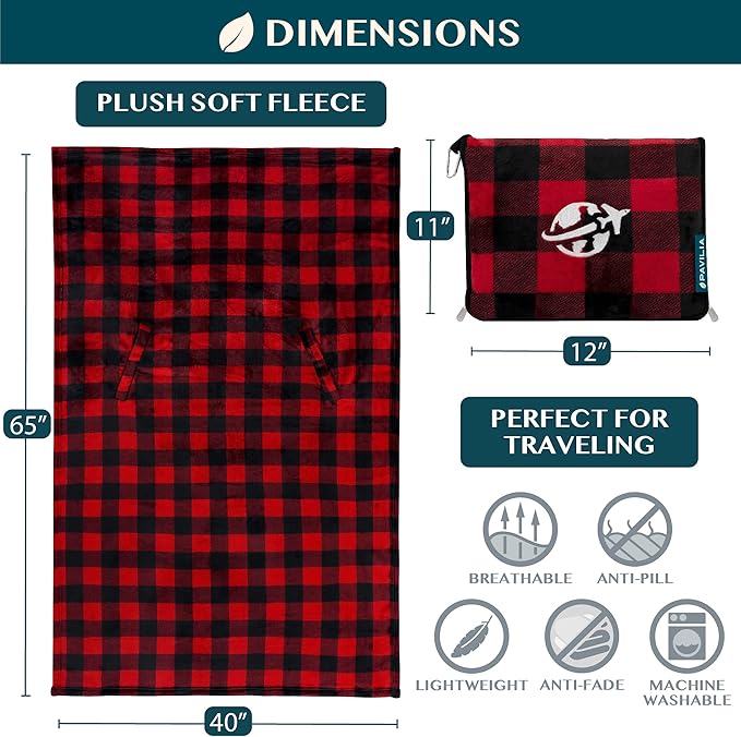 PAVILIA Travel Blanket and Pillow, Arms Opening Airplane Blankets for Adults, Compact Plane Blanket with Arm Hole 2-in-1 Bag for Flight Car Camping Luggage Backpack Traveler Gift, Checkered Red