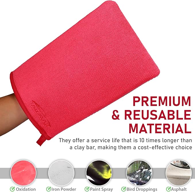 TAKAVU Auto Detailing Clay Mitt 1 Pack 9.7x6.3 inches, Magic Clay Bar Mitt Premium Mesh and Microfiber for Remove Dirts Mud Grime, Car Cleaning Detail Glass Wheel Windshield (Red)