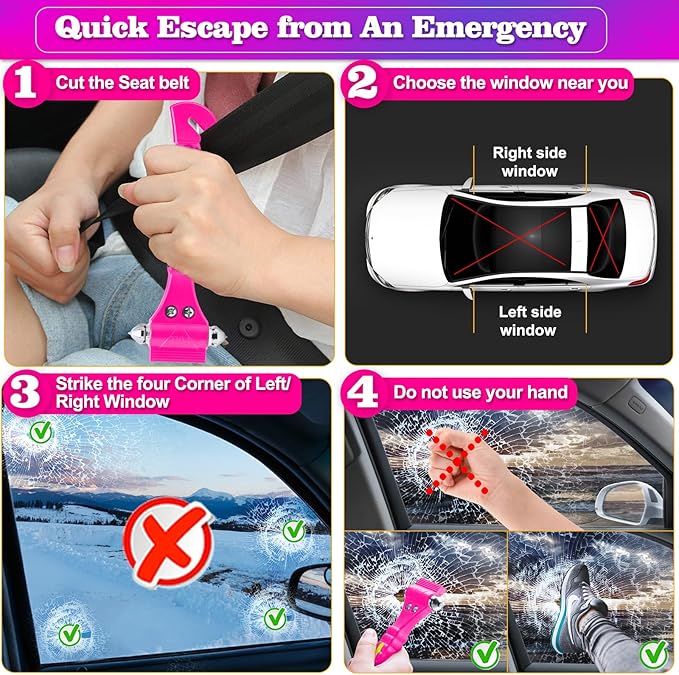 THINKWORK Pink Car Window Breaker, Glass Breaker, Window Breaker Seatbelt Cutter, 2-in-1 Car Safety Hammer with One Second Emergency Glass Hammer, Safety Emergency Car Escape Tool for Car, Office