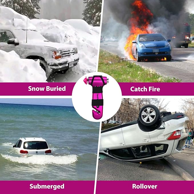 Window Breaker, 3-in-1 Emergency Escape Tool with seat Belt Cutter and Glass Breaker, Safety Emergency Car Escape Tool for Car, Electroplating Pink