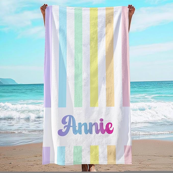 JML Personalized Beach Towel with Name, Custom Rainbow Cabana Stripe Beach Towel, Customized Microfiber Pool Towel, Quick Dry & Absorbent Swim Towel for Adult,Anniversary, Birthday, Summer Holiday