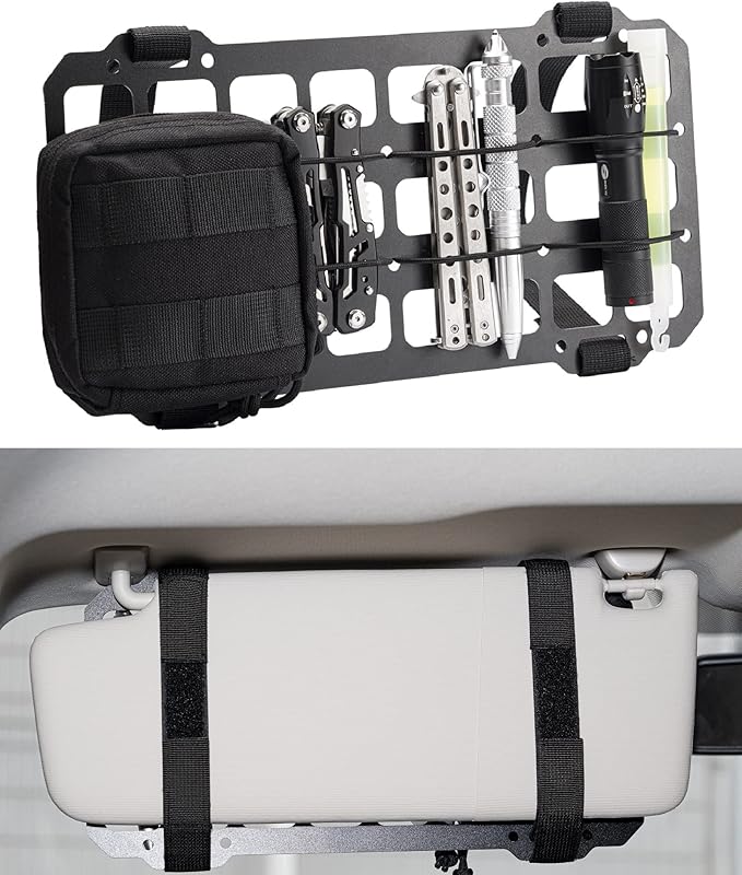 TACNEX Car Sun Visor Organizer Vehicle Rigid MOLLE Panel Tactical Gear Rack EDC Pouch Tool Holster Bag Holder Visor Cover Truck Equipment Mount Plate Modular Storage Shelf Auto Accessories