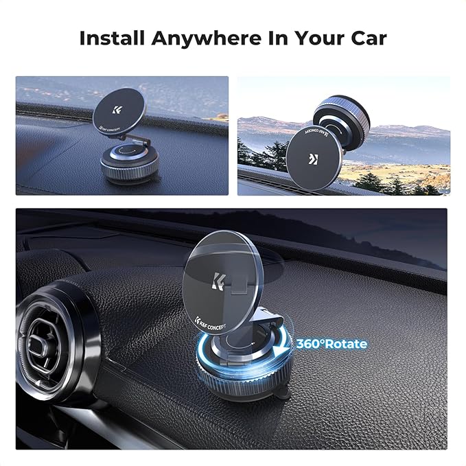 K&F CONCEPT 360° Vacuum Magnetic Car Mount, Foldable & Adjustable Magnetic Phone Holders for Your Car/Gym/Mirror/Smooth Surface, Compatible with iPhone 17 Pro Max 16/15/14/13/12 & Android Phone